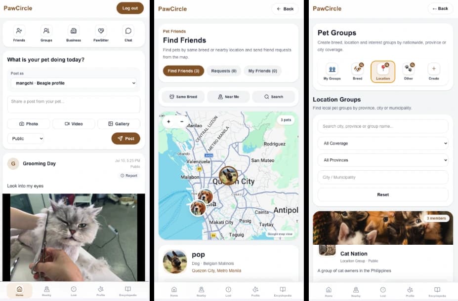 PawCircle — pet community platform interface